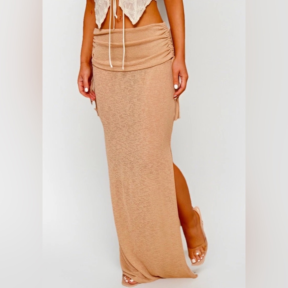 NEW PrettyLittleThing Stone Ruched-Sides Fold Over Maxi Skirt - US 12
